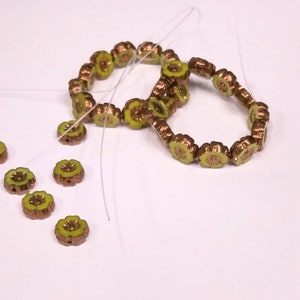 Lime Green Silk Glass Hibiscus flower beads with Bronze Finish 9mm Table Cut Bright Green Flower Round Beads image 3