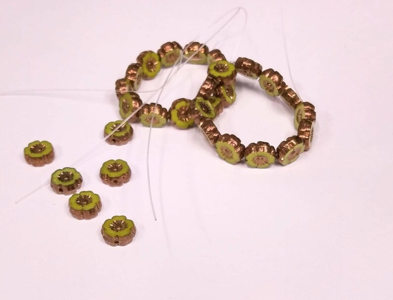 Lime Green Silk Glass Hibiscus flower beads with Bronze Finish 9mm Table Cut Bright Green Flower Round Beads image 3