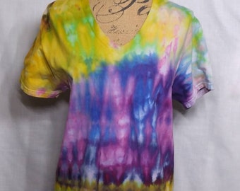 Ice Dyed V Neck Tee Purple and Yellow  Tie Dye Unisex size Medium