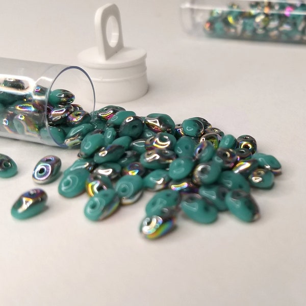 Turquoise Vitral SuperDuo or MiniDuo Seed Beads - 10 grams - turquoise blue green twin beads with metallic silver rainbow finish