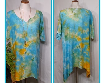 Women's size L Tunic - Lagenlook Ice Dyed Blouse in  Brilliant Blues Yellows-Oversized Asymmetrical Layering Shirt - 0823DuL1