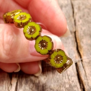 Lime Green Silk Glass Hibiscus flower beads with Bronze Finish 9mm Table Cut Bright Green Flower Round Beads image 1