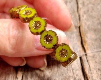 Lime Green Silk Glass Hibiscus flower beads with Bronze Finish 9mm Table Cut Bright Green Flower Round Beads