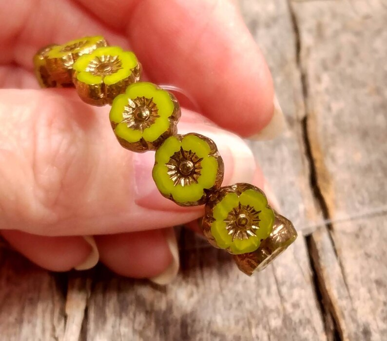 Lime Green Silk Glass Hibiscus flower beads with Bronze Finish 9mm Table Cut Bright Green Flower Round Beads image 1