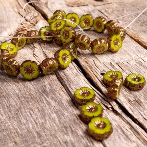 Lime Green Silk Glass Hibiscus flower beads with Bronze Finish 9mm Table Cut Bright Green Flower Round Beads image 9