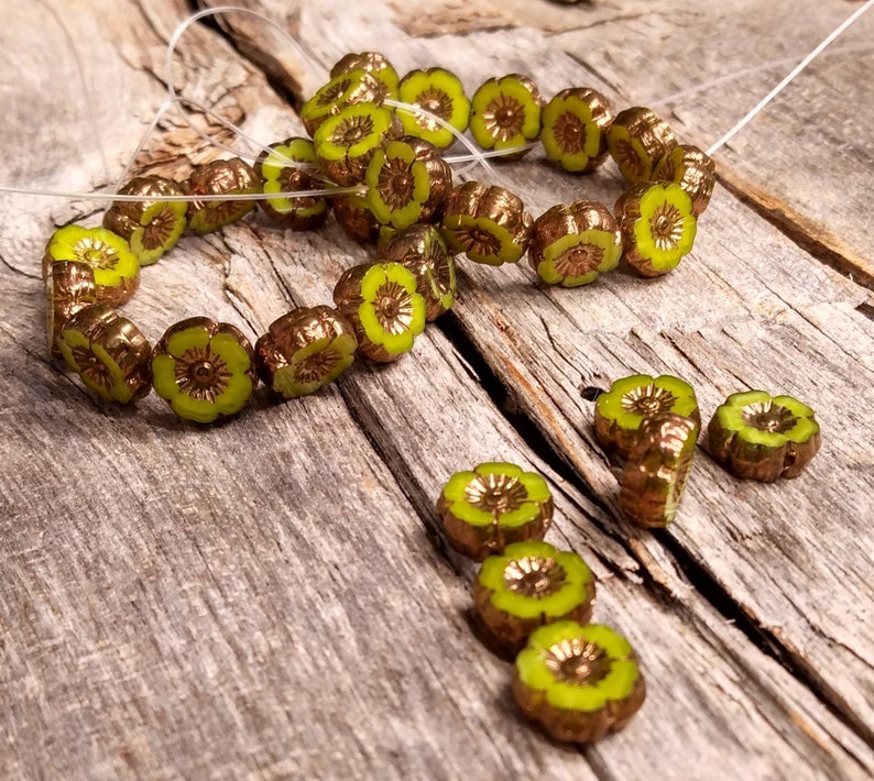 Lime Green Silk Glass Hibiscus flower beads with Bronze Finish 9mm Table Cut Bright Green Flower Round Beads image 9