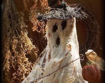 Primitive Halloween Ghost with Pumpkin and Witch Hat - E-Pattern, Immediate Download