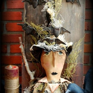 Primitive Grungy Witch Sitter with Flying Bats - Immediate Download