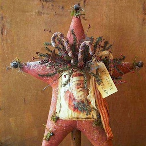 Primitive Christmas Star with Vintage Santa Pocket and Rag Candy Canes - 2 patterns