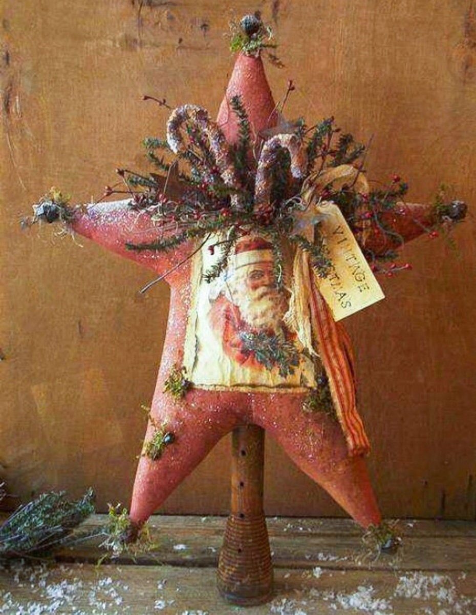 Primitive Christmas Star with Vintage Santa Pocket and Rag Candy Canes - 2 patterns
