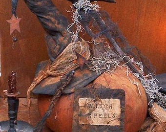 Primitive Grungy Pumpkin, Witch&#39;s Hat, Spell Book and Wand..-..E-Pattern Download..-..