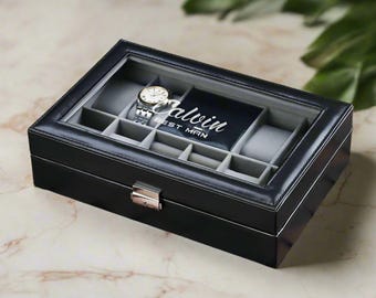Personalized Watch & Jewelry Box: Black PU Leather Groomsmen Gift