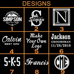 May include: A black and white image with nine different designs for a personalized logo. The designs include a mountain range with the text "Groomman Simpson", a monogram with the name "Simon", a letter "N" in a decorative frame, the text "Calvin Best Man", the text "Make Your Own Logo", the text "Jackson Groomman 11/28/2018", the text "S-K-S", the text "Francis", and the initials "C.M.E." in a circle.