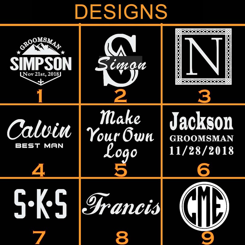 May include: A black and white image with nine different designs for a personalized logo. The designs include a mountain range with the text "Groomman Simpson", a monogram with the name "Simon", a letter "N" in a decorative frame, the text "Calvin Best Man", the text "Make Your Own Logo", the text "Jackson Groomman 11/28/2018", the text "S-K-S", the text "Francis", and the initials "C.M.E." in a circle.