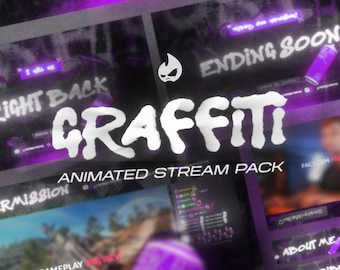 Twitch、YouTube、Kick、Facebook向けのアニメーション付きパープルグラフィティストリームパック - オーバーレイ、シーン、アラート、パネル、ウェブカメラ完備 - 即時ダウンロード