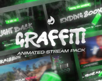 Twitch、YouTube、Kick、Facebook向けのアニメーショングリーングラフィティストリームパック - 完全なオーバーレイシーンアラートパネルウェブカメラ - 即時ダウンロード
