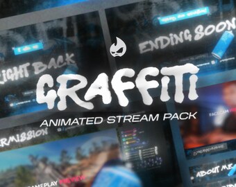 Twitch、YouTube、Kick、Facebook向けのアニメーション付きブルーグラフィティストリームパック - オーバーレイ、シーン、アラート、パネル、ウェブカメラ完備 - 即時ダウンロード