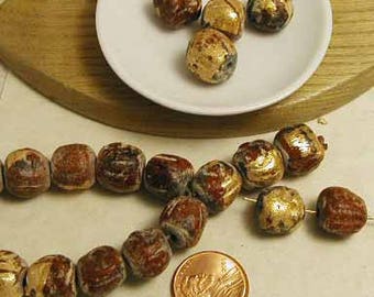 Gold Leaf Mala Bead Terracotta- 8-10mm - 24 beads