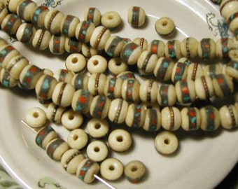 Cream Yak Bone Prayer Beads Turquoise Coral  - 10 pcs. - YK1227