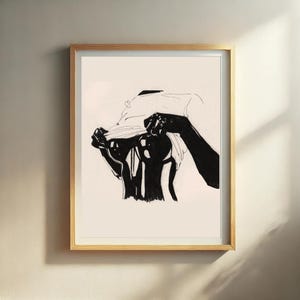 May include: Black and white line art drawing of a person pulling a white shirt over their head.