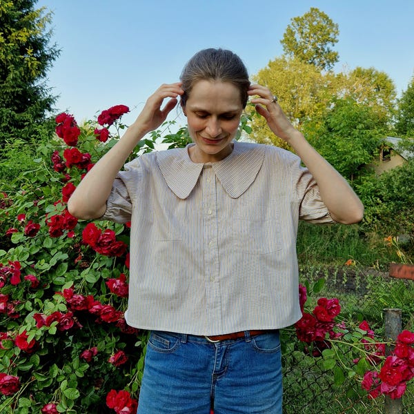 Beige Romantic Blouse | Puff Sleeve Peter Pan Collar | Handmade Cottagecore Top | Sustainable Fashion Upcycled