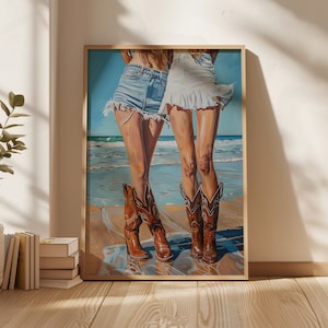 Coastal Cowgirl Wall Art Print, Blue Trendy Wall Art, Cowgirl Boots Trendy, Printable Wall Art, Beach House Poster, Dorm Room Decor