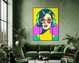 Vibrant Fluorescent Art Print of Girl with Headphones – Neon Aesthetic Wall Art – Available in 5 Sizes – Free Delivery.