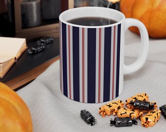 Navy Stylish French-ticking Ceramic Coffee Cups - Modern Design, Perfect for Home or Office, Gift for Coffee Lovers, 11oz