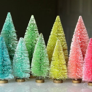 Rainbow Bottle Brush Tree Collection - Set of 6 inch and 4 Inch Retro Christmas Trees - Miniature Vintage Style Dollhouse Holiday Sisal Tree