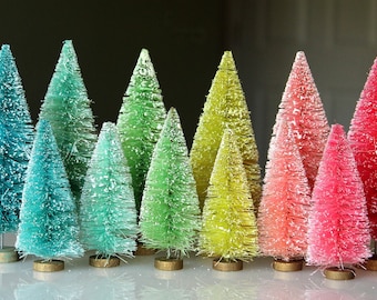 Rainbow Bottle Brush Tree Collection - Set of 6 inch and 4 Inch Retro Christmas Trees - Miniature Vintage Style Dollhouse Holiday Sisal Tree