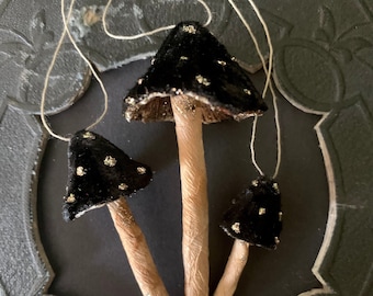 POISON BLACK Silk Velvet Mushroom Ornament Set of 3  Haunted Decorations - Made to Order Woodland Toadstool Handmade Fairy Mushrooms