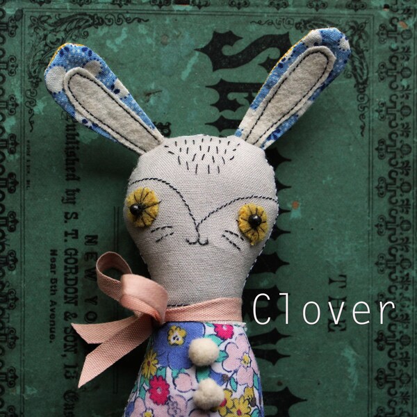 Clover the Stuffed Spring Bunny - OOAK Collectible Tiny Easter Bunnie - Handmade Stuffed Animal Plushie - Vintage Fabric Embroidered Bunny