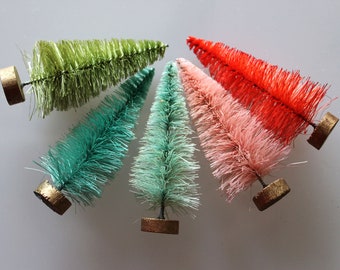 Bottle Brush Tree Set - Merry and Bright 3 Inch Vintage Style Christmas Trees - Miniature Sisal Holiday Tree Decorating