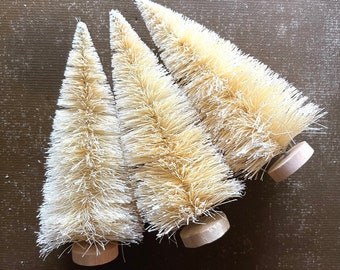 Frosted Natural Sisal Trees - Set of 3 Vintage Style Christmas Bottle Brush Trees - 6 Inch Off White Winter Putz Village Decoration Display