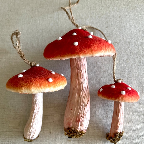 Red Amanita Velvet Mushroom Ornaments 3 Sizes Woodland Toadstool Decorations for Trees and Wreaths Holiday Display