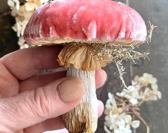 Pink Fairyland Silk Velvet Mushroom Ornament - Made to Order Woodland Toadstool Decorations - Handmade Glittered Mushroom Cloche Display