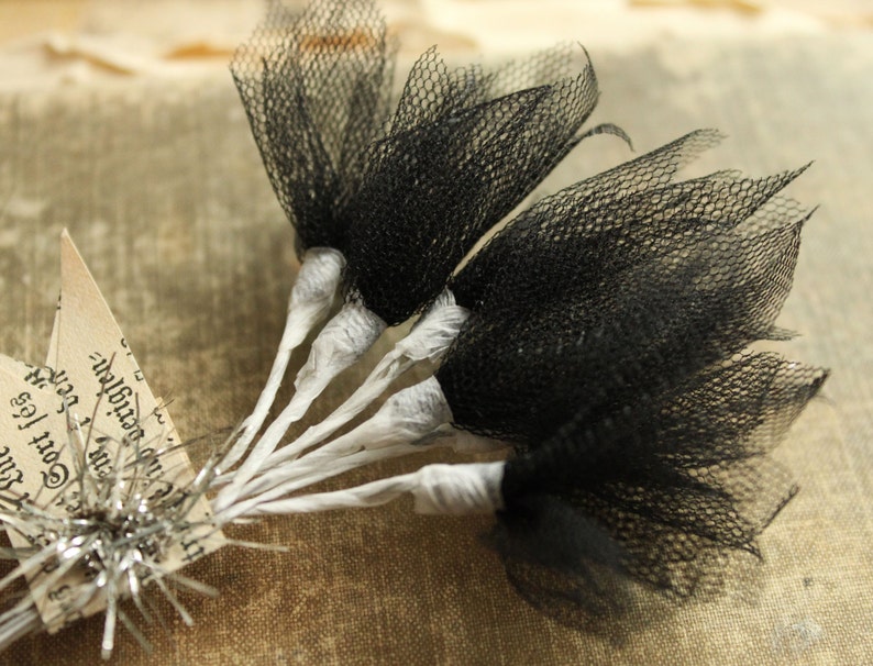 Black Tulle Millinery Sprays -  Wired Jet Black Tulle Stems  - Wedding Corsage and Boutonniere Supply - Halloween Craft Supply 