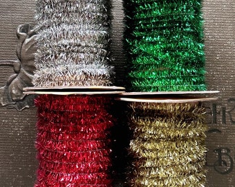 Wired Tinsel Garland Trim 6 Feet Narrow Holiday Decorating Tinsel - Aged Gold Silver Red or Green Metallic Garland