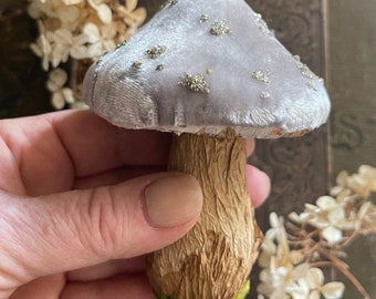 Fairyland Velvet Mushroom Ornament - Made to Order Woodland Toadstool Decorations - Handmade Glittered Mushroom Cloche Display