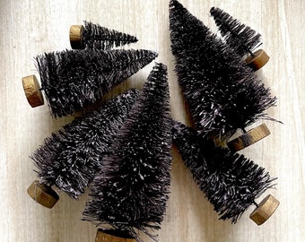 Black Bottle Brush Trees - 7 Dyed Black Haunted House Halloween Tree Decorations - Black Goth Halloween Party Decor