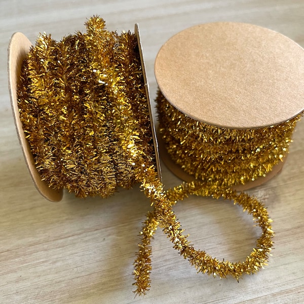 Bright Gold Tinsel Trim - 12 FEET Tiny Tinsel Garland Holiday Gift Wrap Packaging Trim - 1/4" Miniature Christmas Dollhouse Garland