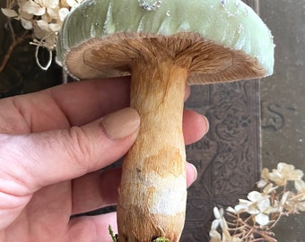 Mint Green Silk Velvet Mushroom Ornament - Made to Order Woodland Toadstool Decorations - Handmade Mushroom Fairy Garden Cloche Display