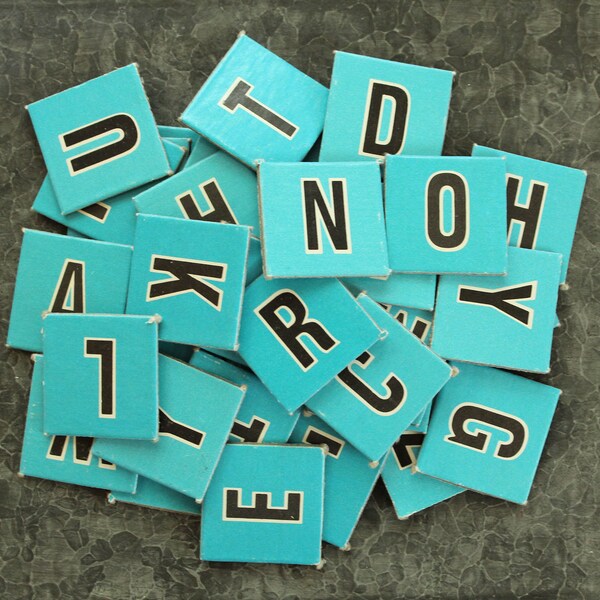 Turquoise Blue Vintage Alphabet Letters - Set of  48 Heavy Cardboard Anagram Tiles - 1-1/8 inch Vintage Scrabble Letters - Scrapbook Collage