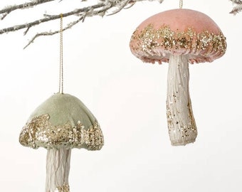 Velvet Mushroom Ornaments Woodland Toadstool Glitter Decorations for Trees and Wreaths Holiday Display
