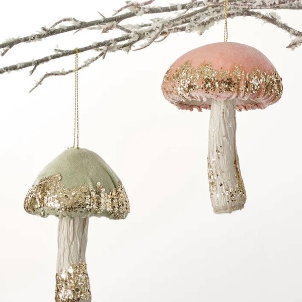 Velvet Mushroom Ornaments Woodland Toadstool Glitter Decorations for Trees and Wreaths Holiday Display