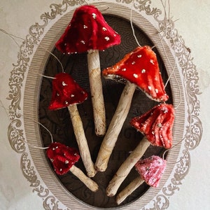 Red Silk Velvet Mushroom Ornaments Set of 6 Made to Order Woodland Velvet Toadstool Decorations - Handmade Fairy Mushrooms Display