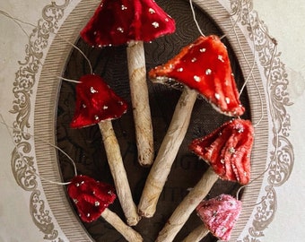 Red Silk Velvet Mushroom Ornaments Set of 6 Made to Order Woodland Velvet Toadstool Decorations - Handmade Fairy Mushrooms Display