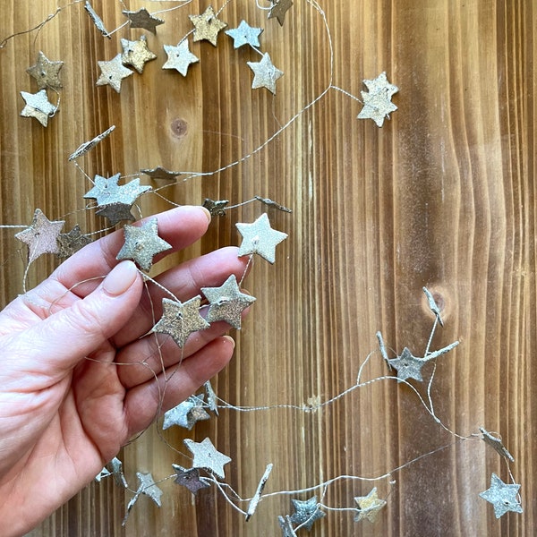 Small Silver Glitter Star Garland - 74 Tiny Wired Silver Stars - 6 Feet Holiday Decorating Garland
