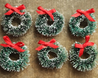 12 Evergreen Wreaths - Mini Bottle Brush Dollhouse Wreaths - Package Ties Tiny Retro Frosted Christmas Wreaths - Holiday Ornaments