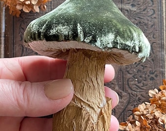 Velvet Mushroom Ornament - Made to Order Woodland Toadstool Decorations - Handmade Glittered Mushroom Fairy Garden Cloche Display